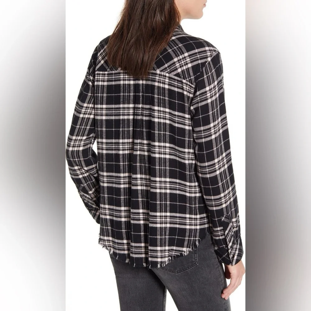 Rails Leo Onyx Peach Plaid Flannel Shirt with Frayed Hem Size Large